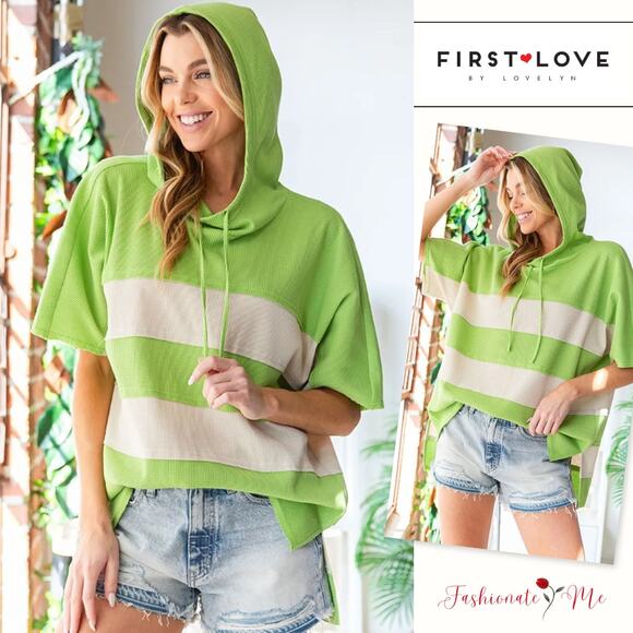 First Love Color Block Short Sleeves Relaxed Fit Hooded Sweatshirt | Green - Picture 1 of 5